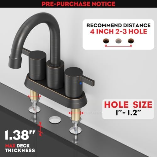 Phiestina 2 or 3 Holes Oil Rubbed Bronze 4 Inch 2 Handle Centerset Lead-Free Bathroom Sink Faucet, 360 Degree Swivel Spout with Copper Pop Up Drain and 2 Water Supply Lines, BF015-1-ORB - Image 5