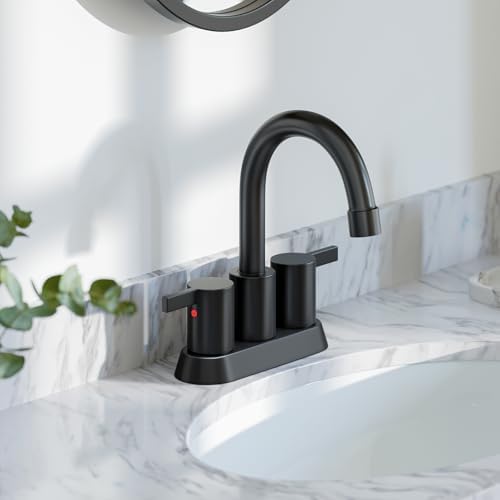 Phiestina 4 Inch 2 Handle Centerset Matte Black Lead-Free Modern Bathroom Faucet, 360 Swivel Spout 2-3 Hole RV Bathroom Vanity Sink Faucet with Pop Up Drain and Water Supply Lines,BF015-1-MB - Image 2