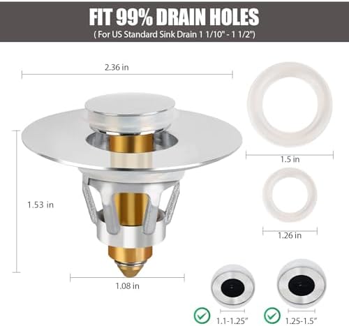 Three colors Bathroom Sink Stopper, 1.1-1.5" Bathroom Sink Drain Strainer, Universal WashBasin Pop Up Drain Stopper, Bounce Core Push Type Sink Plug, Anti-Clogging, Stainless Steel (Silver,1PCS) - Image 4