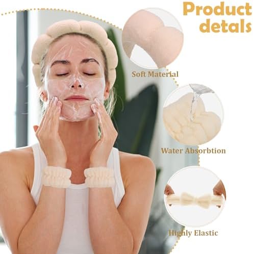 Beige Skincare Bubble headband and wristband set for Face Washing - Image 4