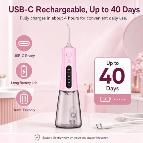 MOCEL Water Dental Flosser, Cordless Portable Oral Irrigator with OLED Display, 300ml Water Tank, 5 Cleaning Modes, 6 Jet Tips, IPX7 Waterproof Rechargeable Teeth Cleaner for Home, Travel, Braces Pink - Image 5