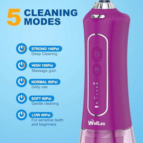 WellLeo Water Flosser for Teeth, 300ML Cordless Oral Irrigator Rechargeable Dental Flosser Picks with 5 Modes 5 Jet Tips,IPX7 Waterproof Teeth Cleaner for Braces Gum Care, Home Travel Use - Image 2