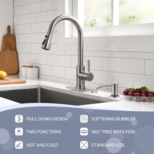 WEWE Kitchen Faucet with Soap Dispenser, Pull-Down Sprayer, Brushed Nickel - Image 2