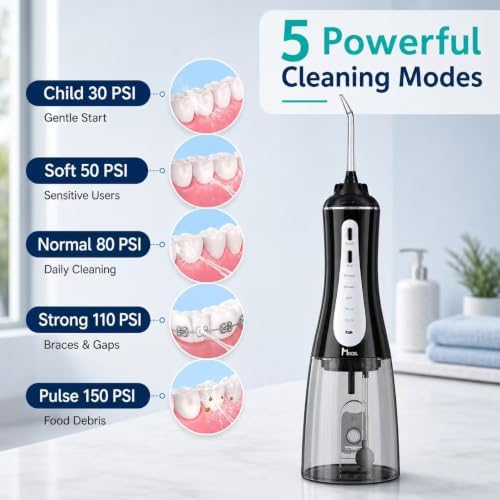 MOCEL Water Dental Flosser Oral Irrigator with 5 Modes, 350ml Cordless Water Teeth Cleaner Pick 6 Tips, IPX7 Waterproof Rechargeable Portable Powerful Battery for Travel & Home Braces & Bridges Care - Image 4