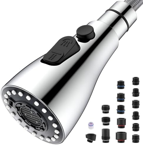 J-HVA Metal Kitchen Faucet Head Replacement 3-Mode with 15 Adapters, Chrome by J-HVA