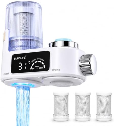 Faucet Mount Water Filter with UV Light & LED Indicator, 8-Stage Carbon Filtration for Clean Drinking Water, Includes 2 Extra Replacement Filters – Model EL-LS-A21 (White Color) by EUROLIFE