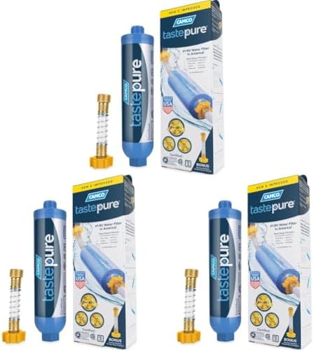 Camco Tastepure RV Water Filter - GAC & KDF Filtration - Made in the USA, 1 Filter & Hose Connector (Pack of 3) by Camco
