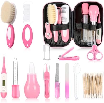 Baby Grooming Kit，Infant Safety Care Setwith Hair Brush Comb Nail Clipper Nasal Aspirator, Baby Essentials Kit for Newborn Girls Boys (14 PC-Pink Kit) by WXA