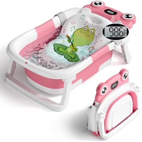 BUNWAG Baby Bathtub, Collapsible Newborn Bathtub for Infant to Toddler with Soft Cushion and Thermometer, Travel Newborn Tub with No-Slip Feet, Baby Shower Gifts, 0-12 Months Baby Bath, Rose Pink by BUNWAG