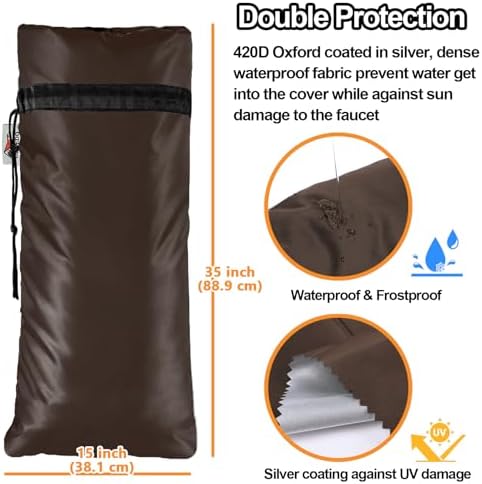 Extended Outdoor Faucet Cover for RV Park Water Hydrant Insulated, 3M Thinsulate Insulation Sprinkler Freeze Protector for Winter & Summer, 35”H x 15”W for Garden Lawn Faucets & Yard Hydrant - Brown - Image 3