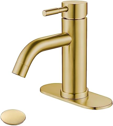 Single Hole Bathroom Sink Faucet Brushed Gold, Modern Single Handle Bathroom Faucet Commercial Stainless Steel Basin Faucet with Drain by KOHONBY
