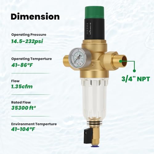 50Micron Spin Down Sediment Water Filter System with 0-100PSI Pressure Gauge with 100&200 Replacement Filter,3/4" NPT, Brass Lead-Free Construction - Image 3