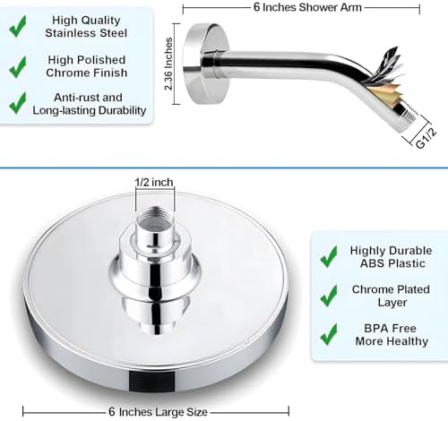 6" Rain Shower Head & 6" Shower Arm, Luxury Polished Chrome Finish - Image 5