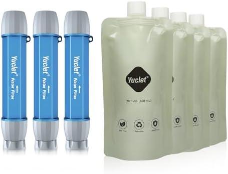 Yuclet Squeeze Water Filtration System for Hiking, Camping, Travel, and Emergency Preparedness (3 Water Filter Straw, 4 Squeezable 20-Oz Water Pouch) by YucletProducts