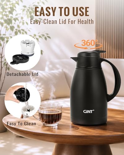 GiNT Thermal Coffee Carafe 51 Oz, Stainless Steel Insulated Beverage Server with Easy-Clean Detachable Lid, Leak-Proof One-Hand Pour Large Dispenser for Hot Drinks and Coffee Pot for Home Office - Image 4