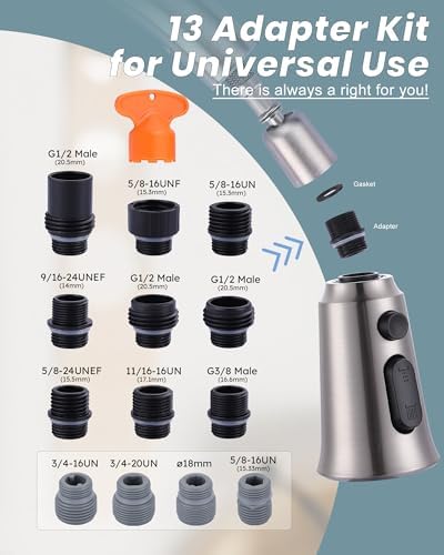 WOWOW Kitchen Faucet Head Replacement, 3 Function Pull Down Faucet Sprayer Head with 13 Adapters, Brushed Nickel Kitchen Sprayer Nozzle Compatible with Moen, Delta, Kohler Faucets - Image 4