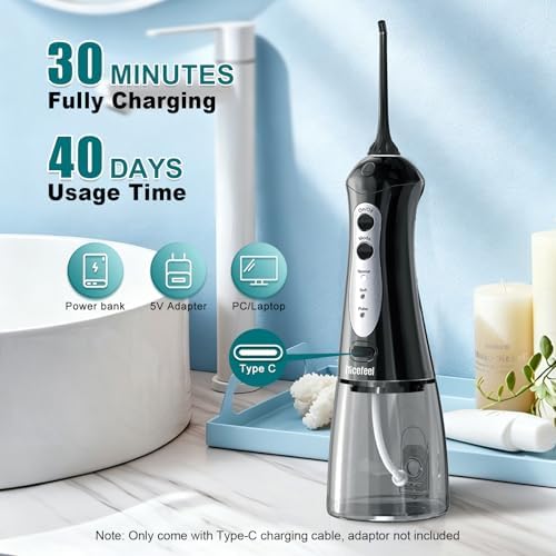 Nicefeel Water Dental Flosser Teeth Pick - Fast Charge Cordless Teeth Cleaner, 3 Modes Portable Oral Irrigator, IPX7 Waterproof Electric Water Dental Flosser for Tonsil Stone, 300ML Tank - Image 6