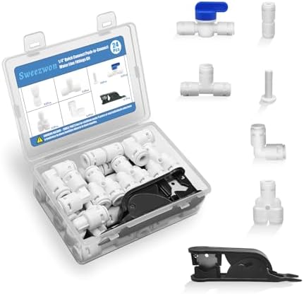 1/4" Quick Connect Push-to-Connect Water Line Fittings Kit for RO/DI Water Filter, Refrigerator, Ice Maker (Ball Valve + T + L + Y + I + Professional Tubing Cutter, 24 Pcs) by Sweezwon