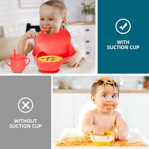 100% Silicone baby feeding set,BPA free Baby dishes set with Suction Bowl Divided Plate,Toddler Self Feeding Dish Set with Spoons Forks Sippy Cup And Bib, Baby Eating Utensils (Scarlet) - Image 5