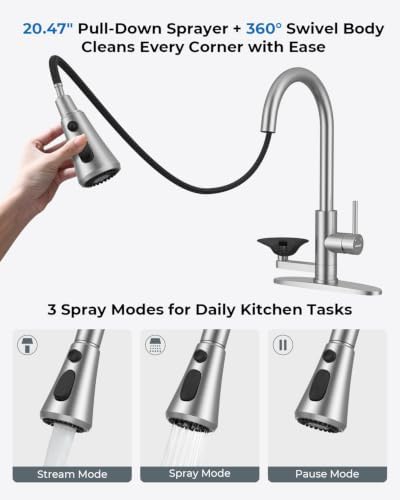 Kitchen Faucet with Glass Rinser, Pull Down Sparyer, 3 Water Modes - Image 4