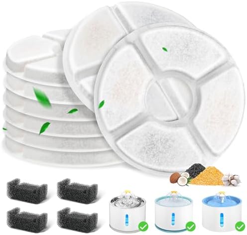 12 Pack Cat Water Fountain Filter, 8 Pcs Cat Fountain Filters Replacement Dia is 5" & 4 Pcs Pre-Filter Sponges for 81oz / 2.4L Round Automatic Pet Water Fountain Dog Dispenser, 3-Filtration System by Beyolike