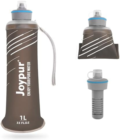 Water Filter Survival - Collapsible Water Bottle with Filter 0.01 Micron Squeeze Filtered Water Bottle 32oz for Hiking Backpacking Camping BPA-Free(Grey 1000ml) by Joypur