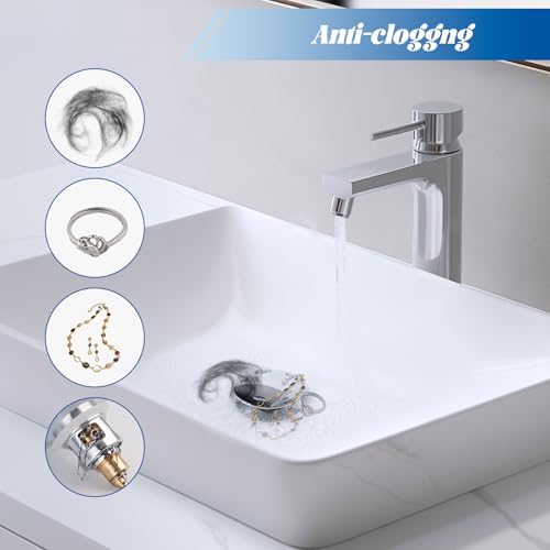 Hibbent All Metal 2 in 1 Bathroom Sink Stopper, Universal Pop Up Drain Strainer, Brass Bullet Core Push Type Sink Stopper for 1.1''~2.3'' Basin, Big Push Button, Anti Clogging Drain Filter, Chrome - Image 4