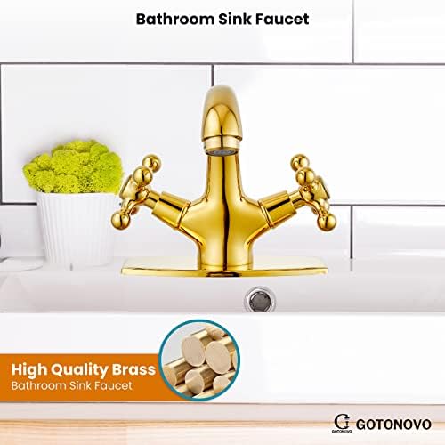 gotonovo Bathroom Sink Faucet 1 Hole Double Cross Handle, Polish Gold - Image 2