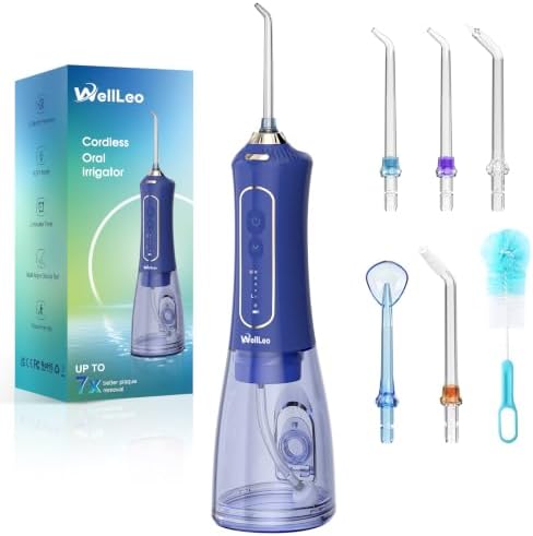 WellLeo Water Flossers for Teeth, 300ML Cordless Oral Irrigator Rechargeable Dental Flosser Picks with 5 Modes 5 Jet Tips,IPX7 Waterproof Teeth Cleaner for Braces Gum Care, Home Travel Use by Wellleo