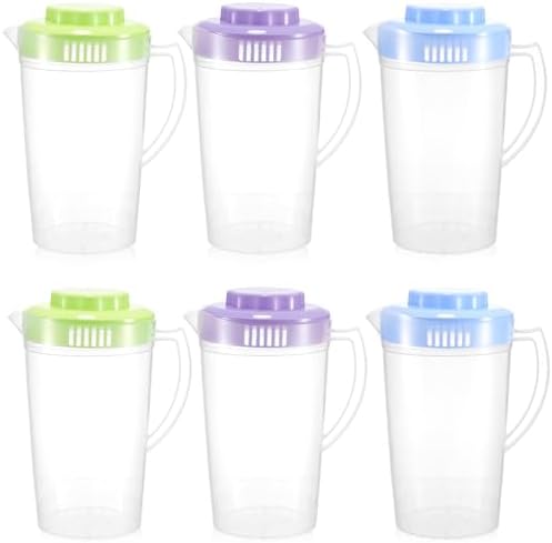 6 Pack Round Clear Plastic Pitcher with Lid & Handle, Easy Pour Bottles for Water Milk Tea Classroom Nursery Home(Colorful) by Unknown
