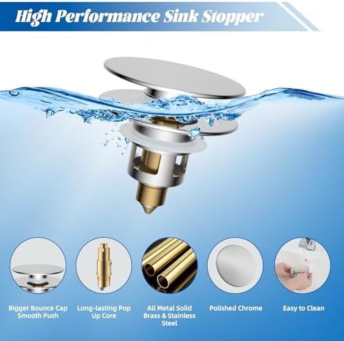 Hibbent All Metal 2 in 1 Bathroom Sink Stopper, Universal Pop Up Drain Strainer, Brass Bullet Core Push Type Sink Stopper for 1.1''~2.3'' Basin, Big Push Button, Anti Clogging Drain Filter, Chrome - Image 2