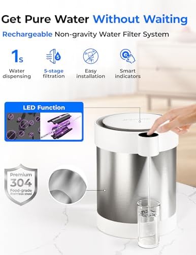 Waterdrop ED09W Rechargeable Non-Gravity Water Filter System with LED Function, Reduces 70+ Contaminants, Lead, Chlorine, 5-Stage Stainless Steel Filtration System, 22-Cup - Image 2
