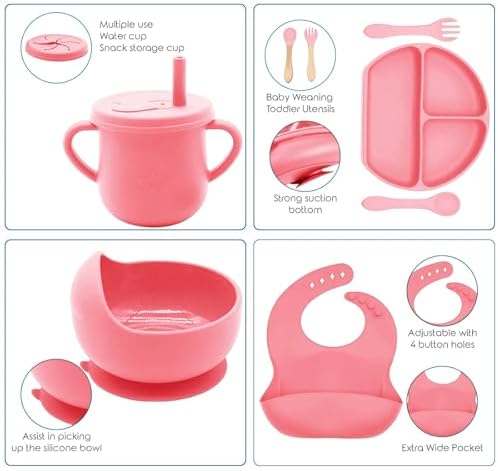 100% Silicone baby feeding set,BPA free Baby dishes set with Suction Bowl Divided Plate,Toddler Self Feeding Dish Set with Spoons Forks Sippy Cup And Bib, Baby Eating Utensils (Hot Pink) - Image 4