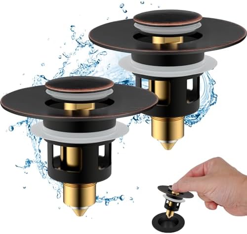 Hibbent 2 Pack All Metal Universal Bathroom Sink Stopper for 1.1''~2.3'' Basin, Pop Up Sink Drain Strainer, Brass Core Push Type Stopper, Stainless Steel Anti Clogging Drain Filter, Oil-Rubbed Bronze by Hibbent