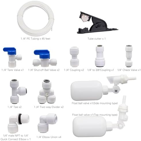 1/4 inch Tube Float Valve Kit Refrigerator Water Line Kit for RO Water Reverse Osmosis System, for Fridge IceMaker RO Systems Water Filter 1/4"O.D, 50 FT Water Tubing+2 float ball valve +16connectors - Image 2