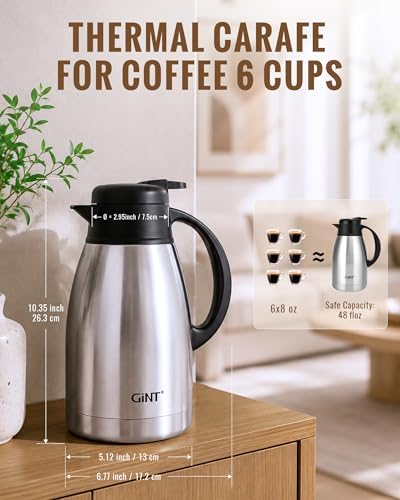 GiNT Thermal Coffee Carafe 51 Oz, Stainless Steel Insulated Beverage Server with Easy-Clean Detachable Lid, Leak-Proof One-Hand Pour Large Dispenser for Hot Drinks and Coffee Pot for Home Office - Image 6