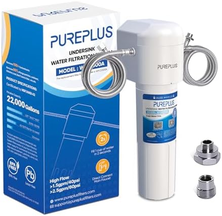 PUREPLUS Under Sink Water Filter System, 22000 Gallons, 99.99% Chlorine Reduction, NSF/ANSI 42 Certified,Removes Heavy Metals,Chlorine, Direct Connect Under Counter Water Filtration System by PUREPLUS