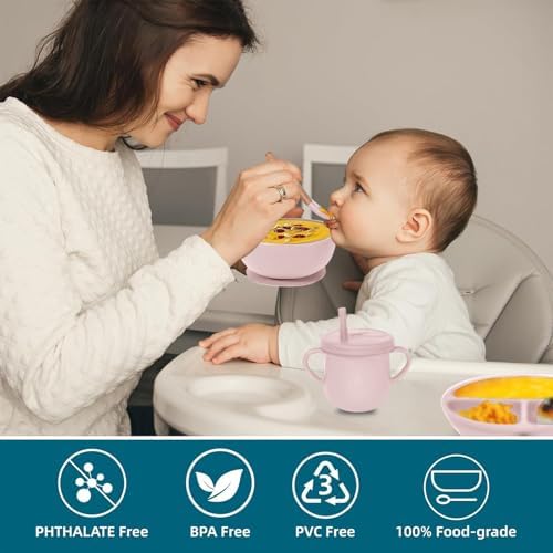 100% Silicone baby feeding set,BPA free Baby dishes set with Suction Bowl Divided Plate,Toddler Self Feeding Dish Set with Spoons Forks Sippy Cup And Bib, Baby Eating Utensils (Lilac) - Image 6