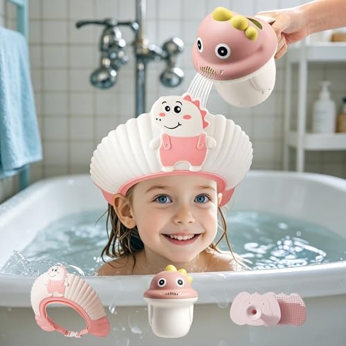 Baby Shower Cap Shield, Bath set shower cap/water cup/massage brush for Eye and Ear Protection, Cute Dinosaur Shape for 0-9 Years Old Children (Pink) by Unknown