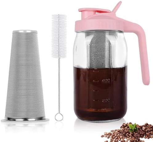 Cold Brew Coffee Maker, 32 oz Mason Jar Pitcher with Stainless Steel Filter, Pour Spout Handle Lid, Heavy Duty Glass Airtight & Leak-Proof for Iced Coffee,Tea & Lemonade by QHH