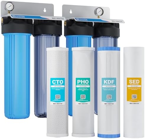 Ultimate Whole House Water Filtration System Reducing Iron, Scale Buildup, Heavy Metals from Water 4-Stage(SED + KDF + PHO + CTO), Size - 20" x 4.5", 1" Inlet/Outlet by MaxWater