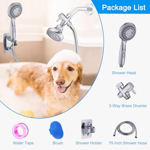 Dog Shower Attachment,Shower Head Sprayer Attachment with ON/OFF Shower Head, Brass 3-Way Diverter for Connecting Shower Arm, Stainless Steel Hose, Dog Brush and Adhesive Holder for Convenient Bathing - Image 5