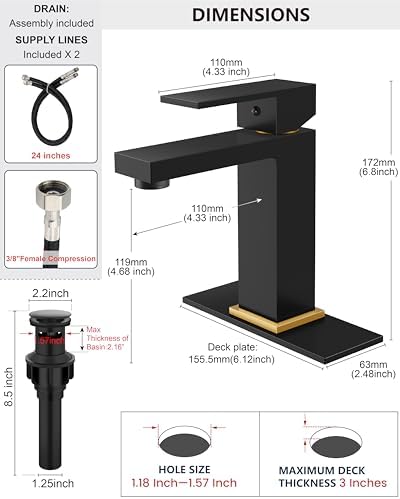 Midanya Bathroom Faucets 1 Hole Single Handle,Matte Black Handle &Gold - Image 5