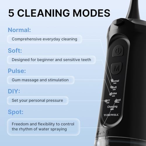 TUREWELL Water Dental Flosser for Teeth/Braces, 310 ML Portable Cordless Oral Irrigator with 5 Modes, IPX7 Waterproof Electric Water Flossing with 4 Replacement Jet Tips for Travel and Home, Black - Image 4