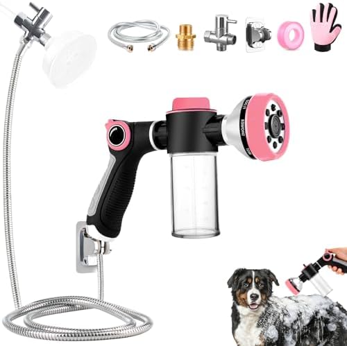 Dog Shower Attachment with 6.6FT Shower Hose, 8 Sprayer Modes Dog Washing Hose Attachment for Bathroom & Bathtub, Outdoor Use Dog Washing Kit with Pet Grooming Glove Shampoo Dispenser and Holder by KSSZZCO