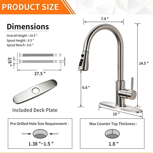 Brushed Nickel Kitchen Faucets with Pull Down Sprayer Kitchen Sink Faucet with Pull Out Sprayer Single Hole Deck Mount Single Handle Stainless Steel Grifos De Cocina 866068SN - Image 3