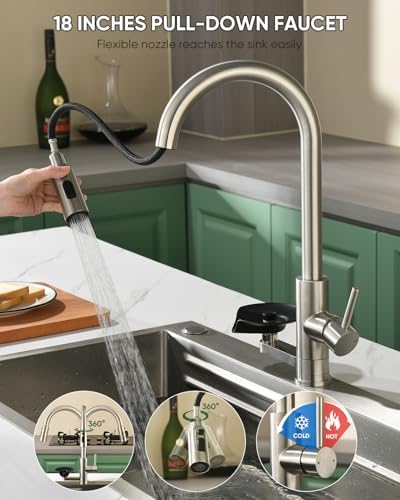 Kitchen Faucet with Cup Washer Pull Down Sprayer Stainless Steel Kitchen Sink Faucet with Deck Plate Glass Rinser Single Hole Brushed Nickel - Image 2