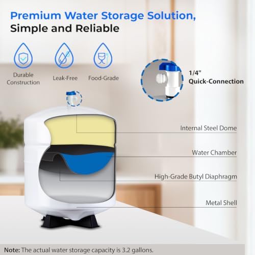 iSpring T32M Pressurized Water Storage Tank with Ball Valve for Reverse Osmosis RO Systems, 4 Gallon, 1/4" Tank Valve Included, White - Image 5