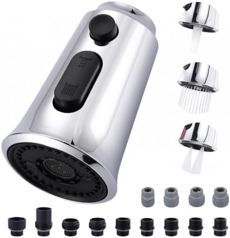 WOWOW Kitchen Faucet Head Replacement, 3 Function Pull Down Faucet Sprayer Head with 13 Adapters, Chrome Kitchen Sprayer Nozzle Compatible with Moen, Delta, Kohler Faucets by WOWOW