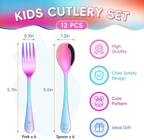 12 Pieces Stainless Steel Rainbow Toddler Utensils Set - Food Grade Kids Silverware Set Children Safe Small Forks and Spoons Mirror Polished Sturdy and Durable Dishwasher Safe - Image 2
